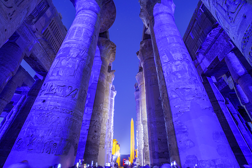 View of Karnak Temple sound and light show at dusk, Luxor, Egypt, Africa