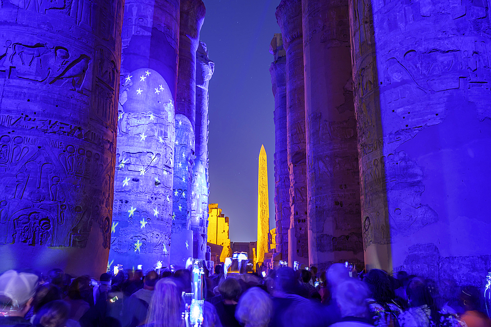 View of Karnak Temple sound and light show at dusk, Luxor, Egypt, Africa