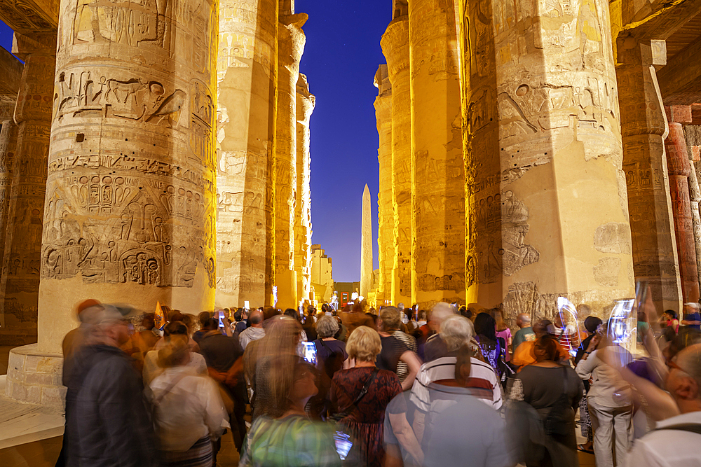 View of Karnak Temple sound and light show at dusk, Luxor, Egypt, Africa
