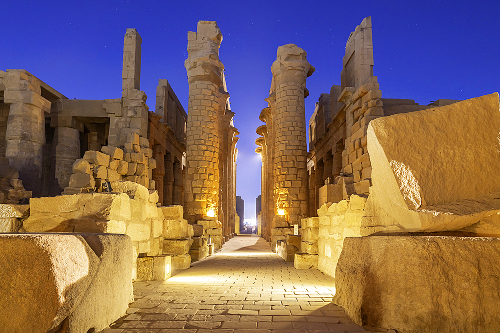 View of Karnak Temple sound and light show at dusk, Luxor, Egypt, Africa
