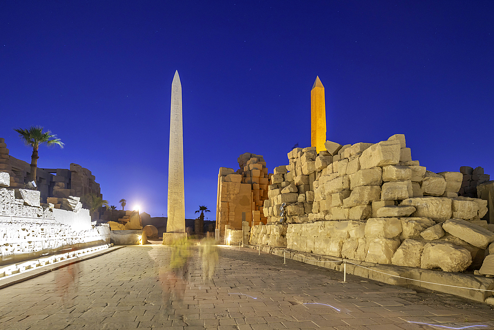 View of Karnak Temple sound and light show at dusk, Luxor, Egypt, Africa