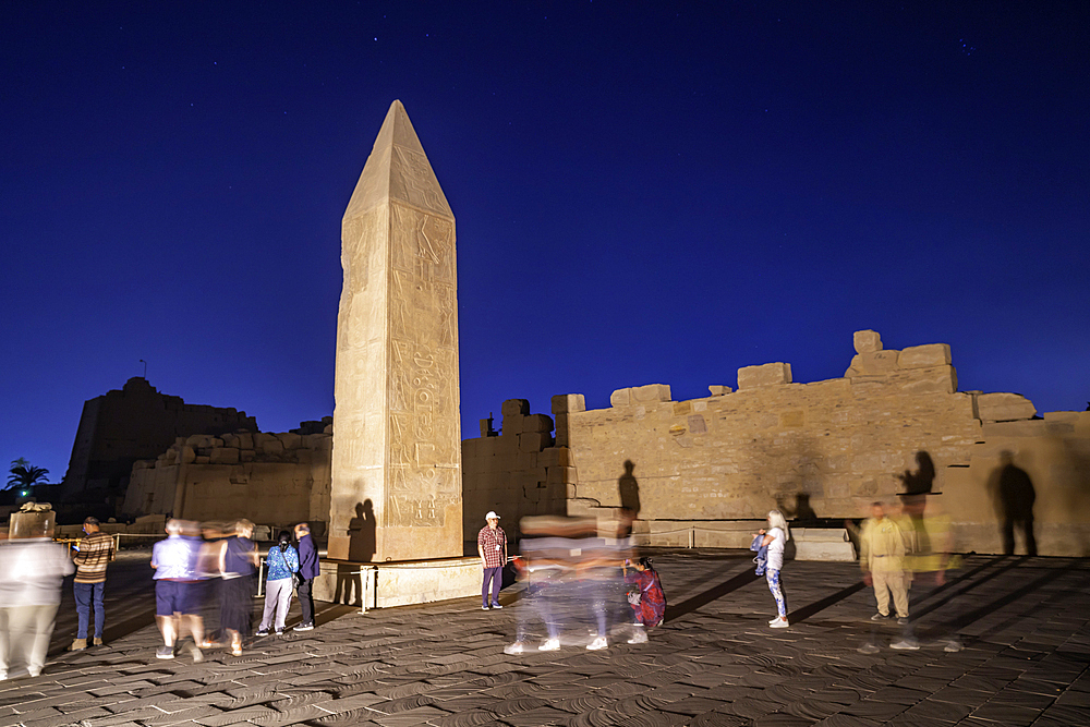 View of Karnak Temple sound and light show at dusk, Luxor, Egypt, Africa