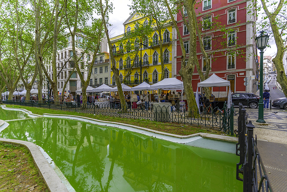 View of market stalls and colourful architecture on Avenue da Liberdade, Lisbon, Portugal, Europe