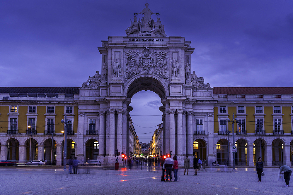 View of Praca do Comercio and Victory Arch at dusk, Lisbon, Portugal, Europe