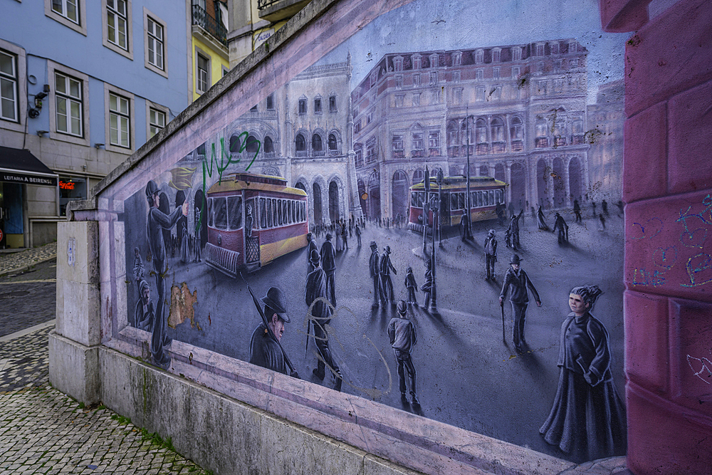 View of wall painting depicting city life in Lisbon city centre, Lisbon, Portugal, Europe