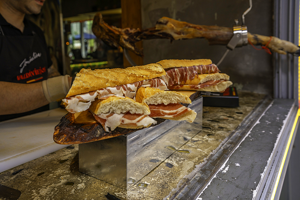 View of traditional ham sandwich in shop window in Lisbon city centre, Lisbon, Portugal, Europe
