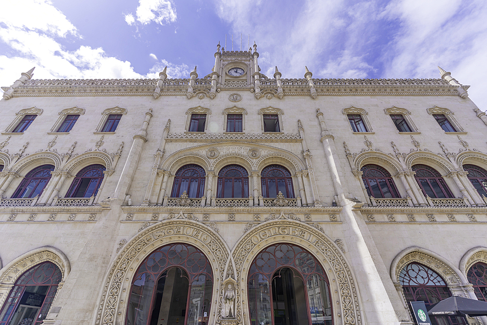 View of ornate facade of Rossio Train Station in Lisbon city centre, Lisbon, Portugal, Europe