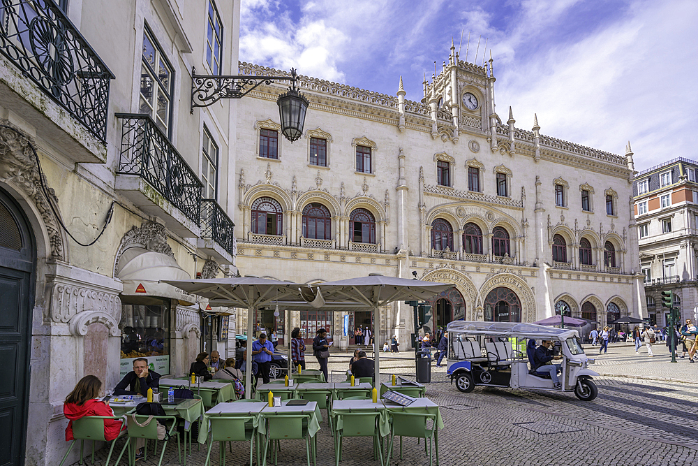 View of ornate facade of Rossio Train Station in Lisbon city centre, Lisbon, Portugal, Europe