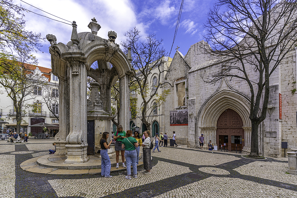View of Chafariz do Carmo and Carmo Archaeological Museum in Largo do Carmo in city centre, Lisbon, Portugal, Europe