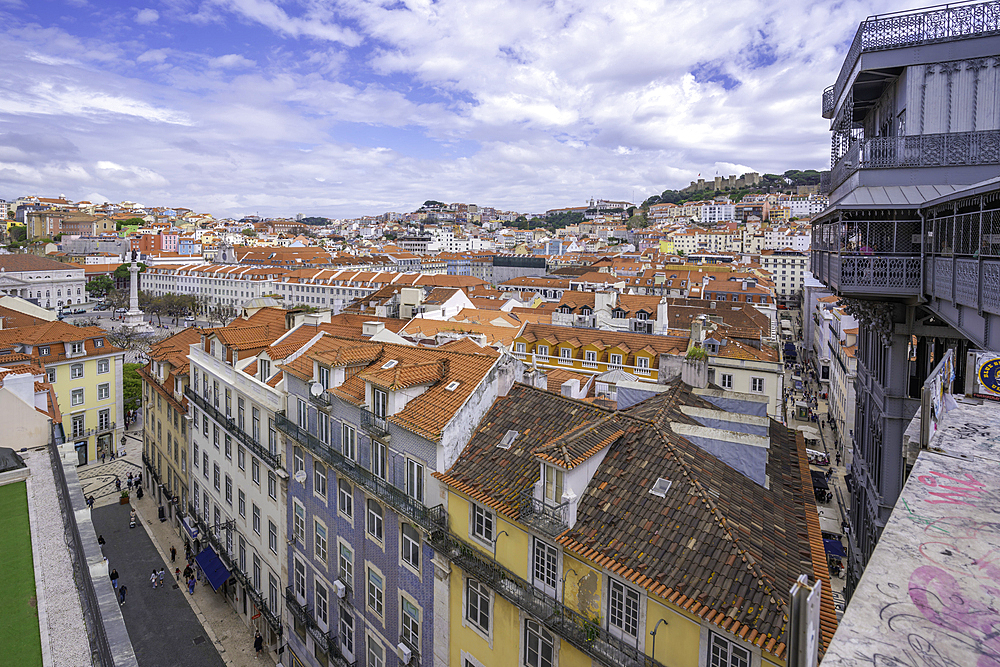 View of city skyline and Santa Justa Lift from Carmo Archaeological Museum on a sunny day, Lisbon, Portugal, Europe