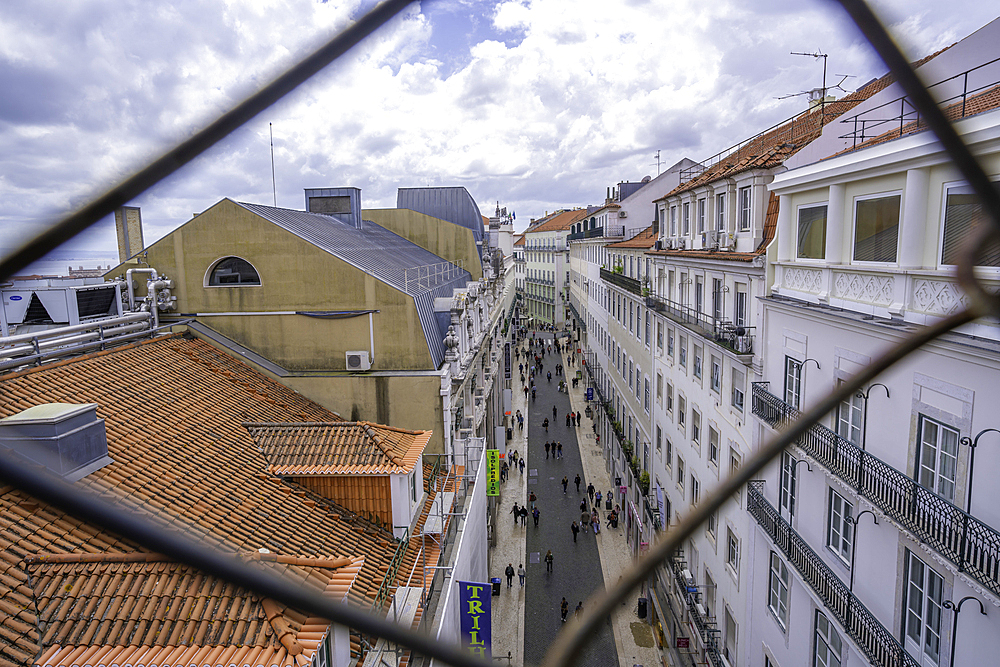 View of city street from Santa Justa Lift on a sunny day, Lisbon, Portugal, Europe