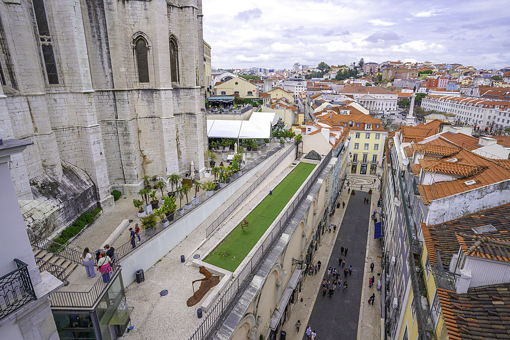 View of city skyline from Santa Justa Lift on a sunny day, Lisbon, Portugal, Europe