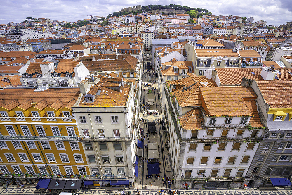 View of city skyline from Santa Justa Lift on a sunny day, Lisbon, Portugal, Europe