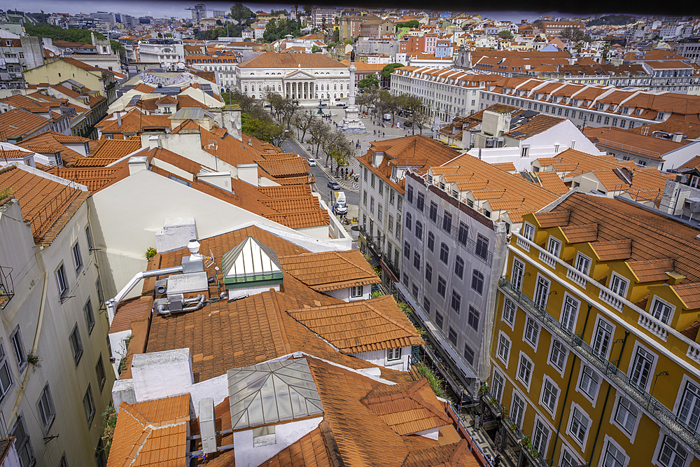 View of city skyline from Santa Justa Lift on a sunny day, Lisbon, Portugal, Europe