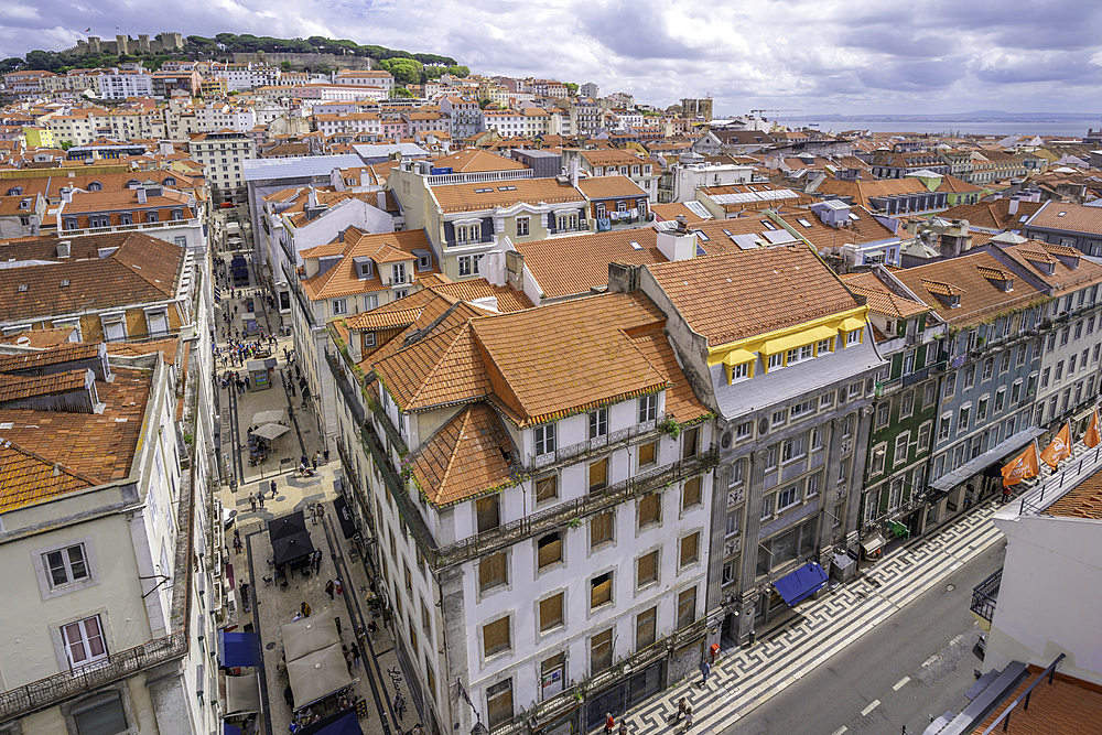 View of city skyline from Santa Justa Lift on a sunny day, Lisbon, Portugal, Europe