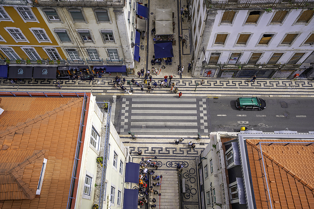 View of city skyline from Santa Justa Lift on a sunny day, Lisbon, Portugal, Europe