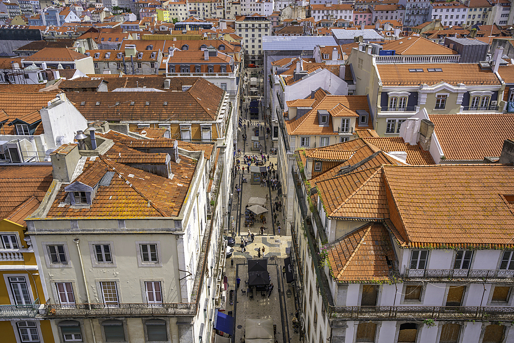 View of city skyline from Santa Justa Lift on a sunny day, Lisbon, Portugal, Europe