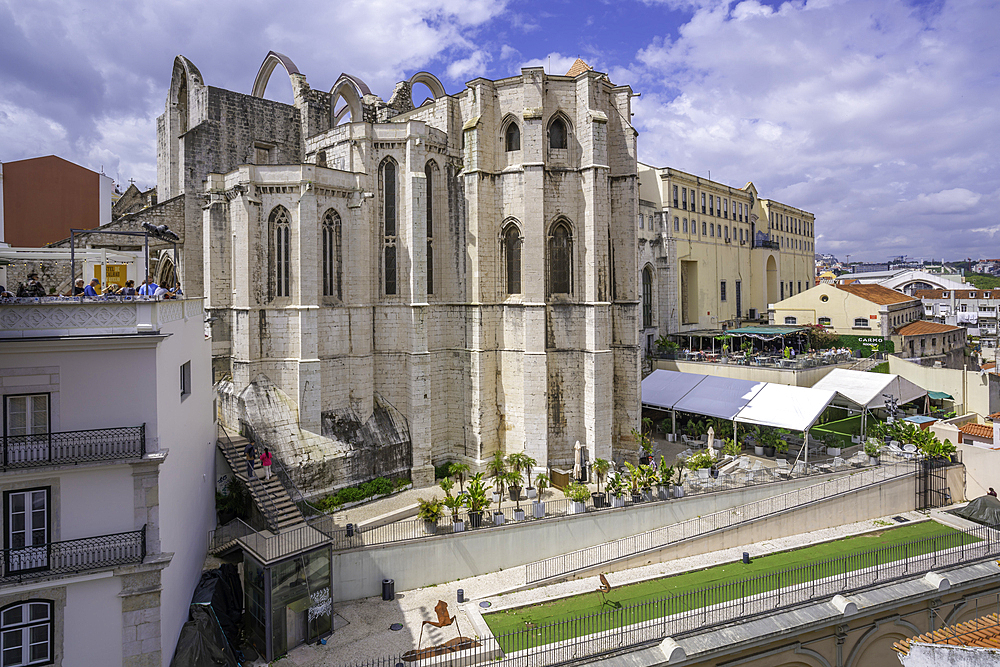 View of Carmo Archaeological Museum from Santa Justa Lift on a sunny day, Lisbon, Portugal, Europe