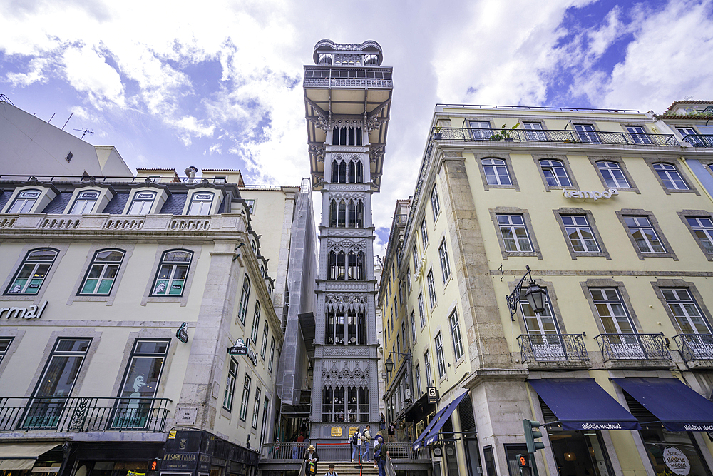 View of Santa Justa Lift from street level on a sunny day, Lisbon, Portugal, Europe