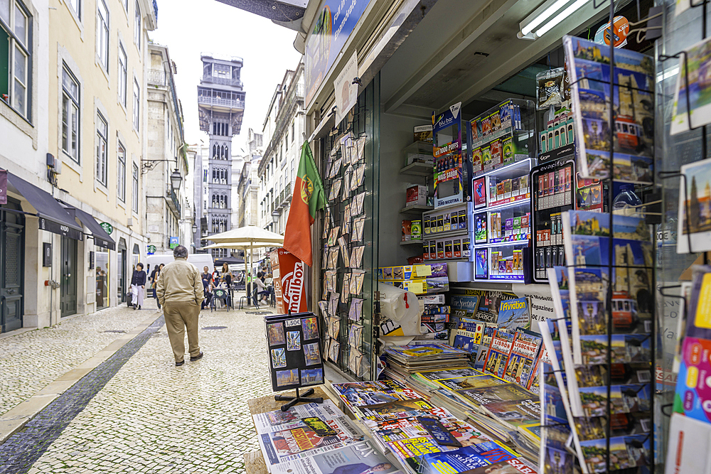View of Santa Justa Lift and street vender on a sunny day, Lisbon, Portugal, Europe