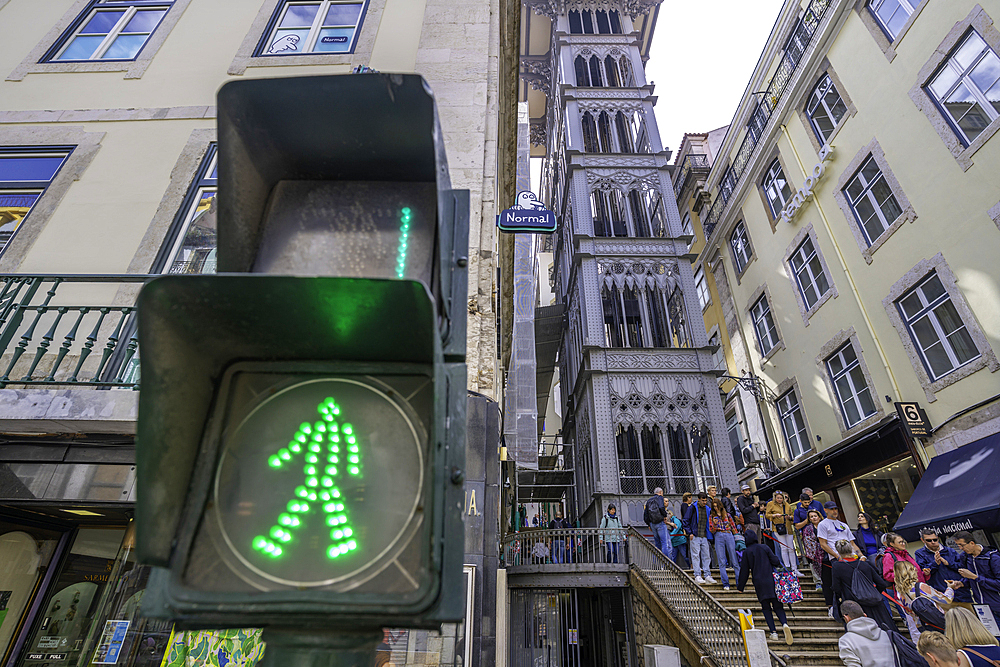 View of Santa Justa Lift and traffic lights on a sunny day, Lisbon, Portugal, Europe