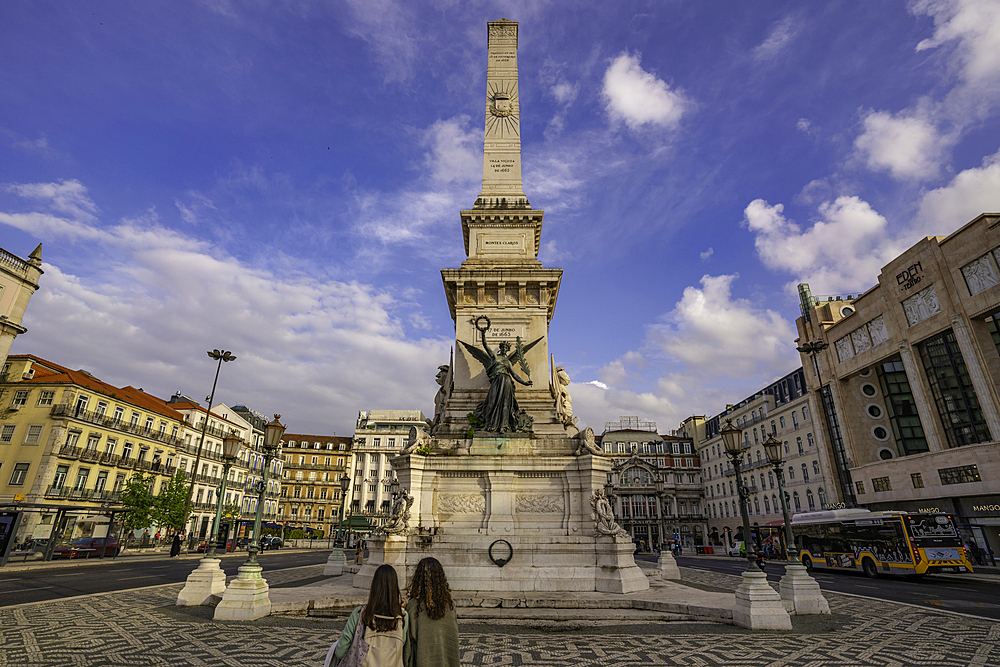 View of Monument Restauradores in Praça dos Restauradores on a sunny day, Lisbon, Portugal, Europe