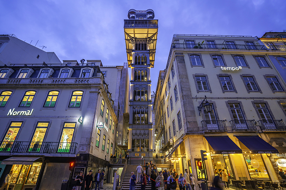 View of Santa Justa Lift from street level at dusk, Lisbon, Portugal, Europe