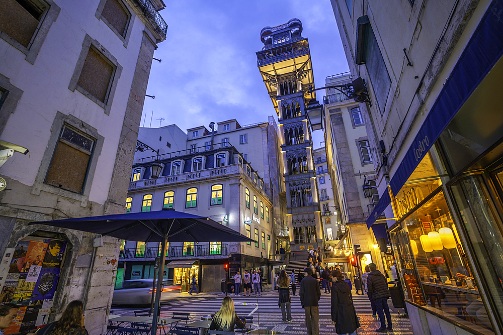 View of Santa Justa Lift from street level at dusk, Lisbon, Portugal, Europe
