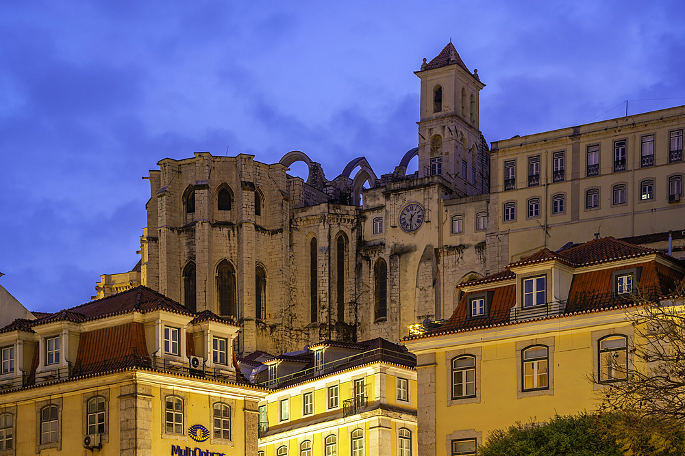 View of Carmo Archaeological Museum at dusk, Lisbon, Portugal, Europe