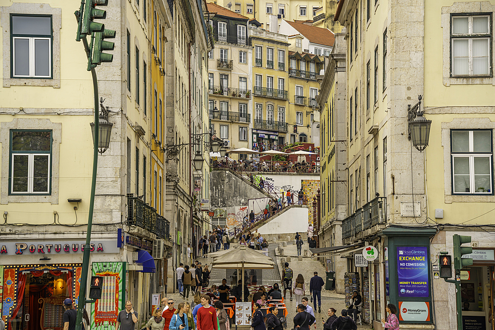 View of achitecture and street restaurants from Praca do Rossio in Lisbon city centre, Lisbon, Portugal, Europe