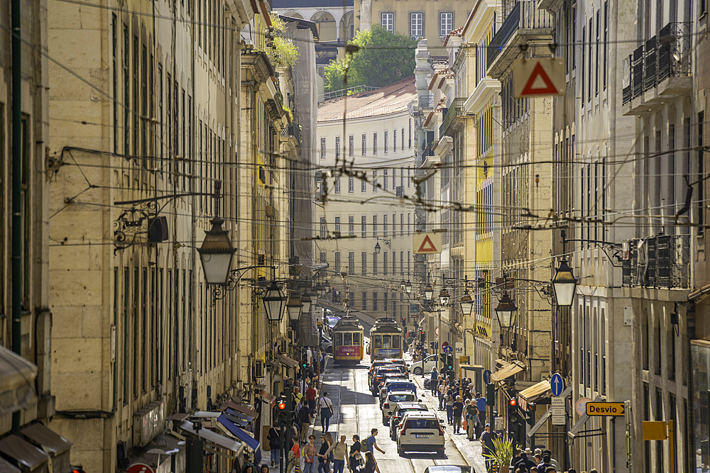 View of vintage trams in Alfama, Alfama District, Lisbon, Portugal, Europe