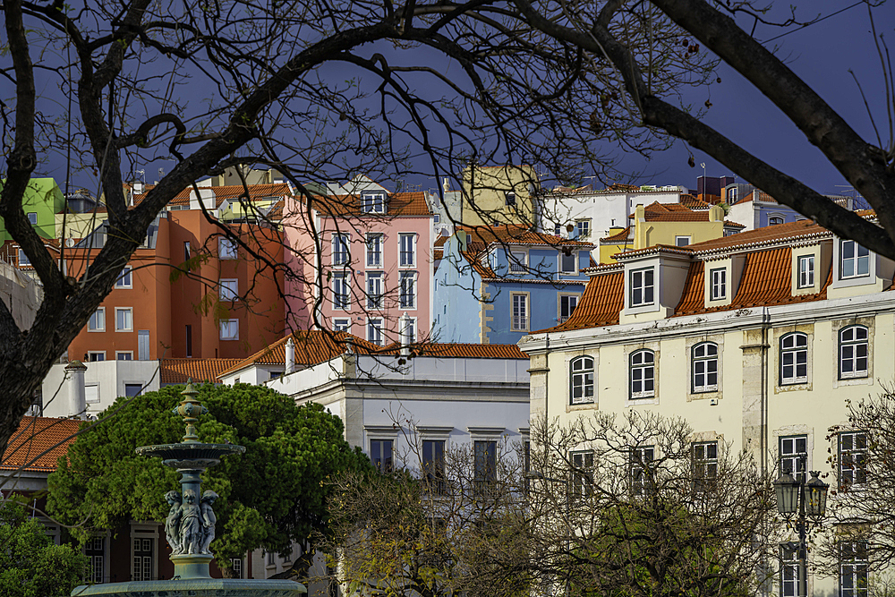 View of colourful houses from Praca do Rossio and Carmo Archaeological Museum, Lisbon, Portugal, Europe