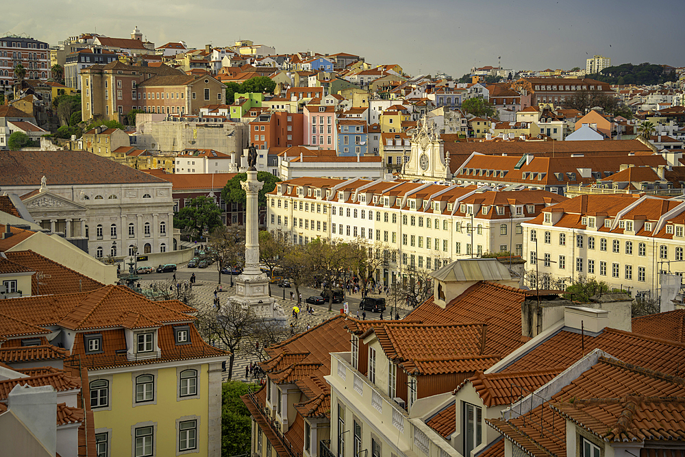 View of city from Carmo Archaeological Museum during golden hour, Lisbon, Portugal, Europe