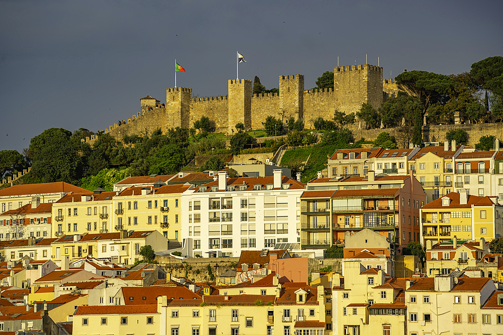 View of Lisbon Castle from Santa Justa Lift during golden hour, Lisbon, Portugal, Europe