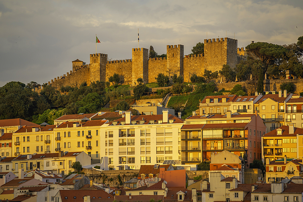 View of Lisbon Castle from Santa Justa Lift during golden hour, Lisbon, Portugal, Europe