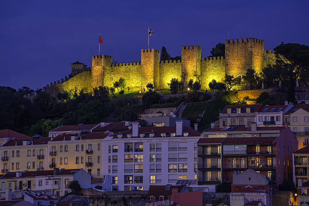View of Lisbon Castle and from Carmo Archaeological Museum during golden hour, Lisbon, Portugal, Europe
