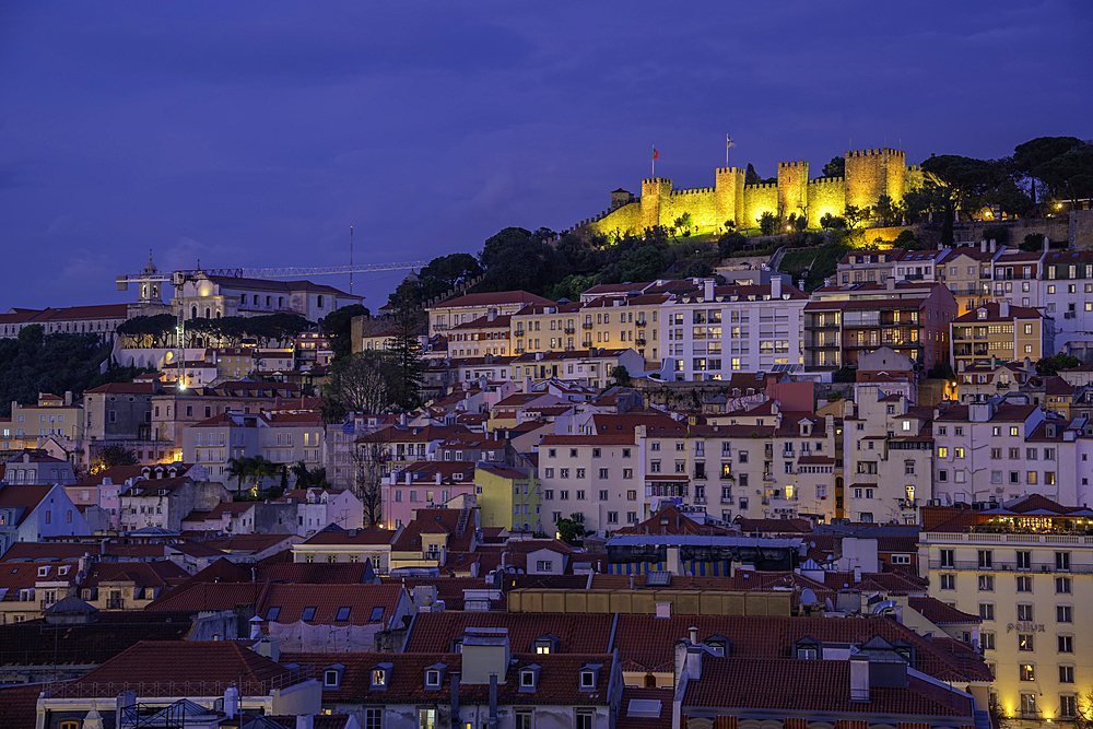 View of Lisbon Castle and from Carmo Archaeological Museum during golden hour, Lisbon, Portugal, Europe
