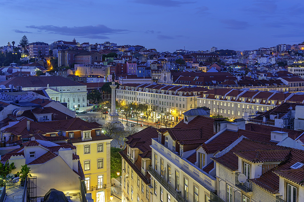 View of city from Carmo Archaeological Museum at dusk, Lisbon, Portugal, Europe