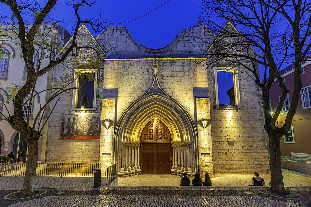 View of Carmo Archaeological Museum in Largo do Carmo at dusk, Lisbon, Portugal, Europe