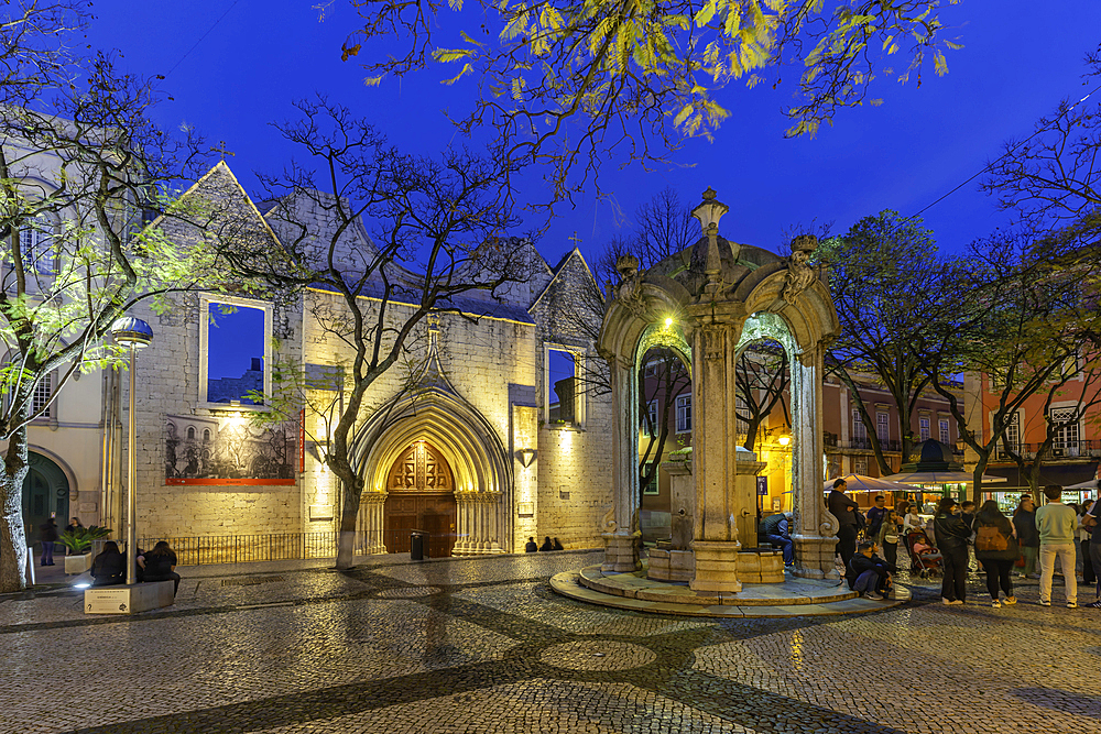 View of Chafariz do Carmo in Largo do Carmo at dusk, Lisbon, Portugal, Europe