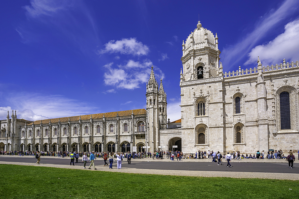 View of Jerónimos Monastery (Monastery of the Hieronymites) on a sunny day, Lisbon, Portugal, Europe