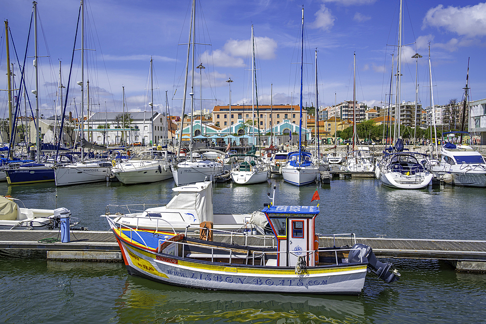 View of boats in 'Bom Sucesso' Marina on a sunny day, Lisbon, Portugal, Europe