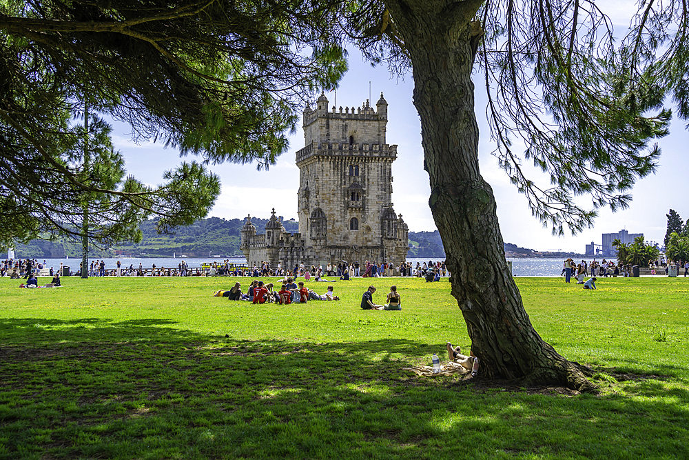 View of Belém Tower (Torre de Belém) on a sunny day, Lisbon, Portugal, Europe