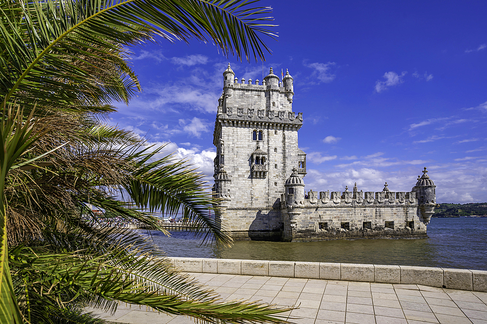 View of Belém Tower (Torre de Belém) on a sunny day, Lisbon, Portugal, Europe