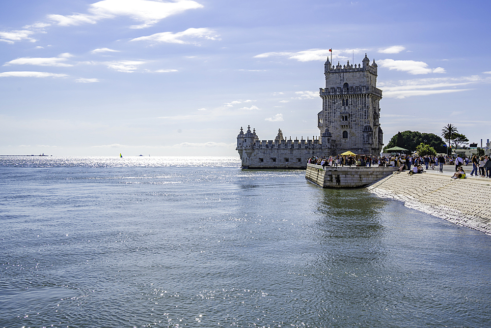 View of Belém Tower (Torre de Belém) on a sunny day, Lisbon, Portugal, Europe