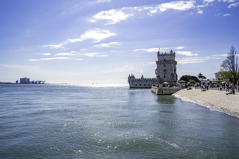 View of Belém Tower (Torre de Belém) on a sunny day, Lisbon, Portugal, Europe