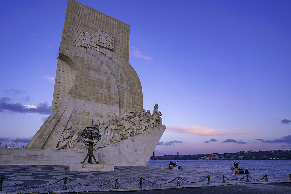 View of Monument to the Discoveries (Padrão dos Descobrimentos) at dusk, Lisbon, Portugal, Europe