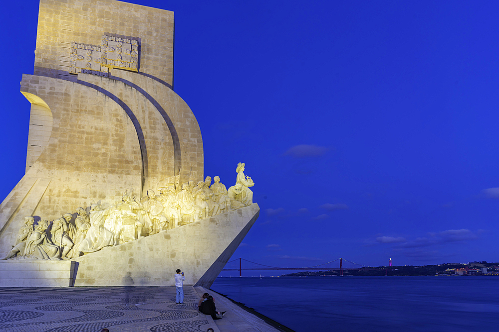 View of Monument to the Discoveries (Padrão dos Descobrimentos) at dusk, Lisbon, Portugal, Europe