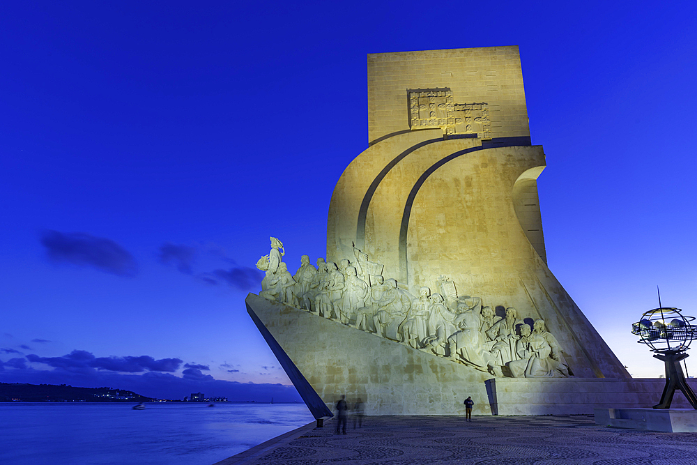 View of Monument to the Discoveries (Padrão dos Descobrimentos) at dusk, Lisbon, Portugal, Europe