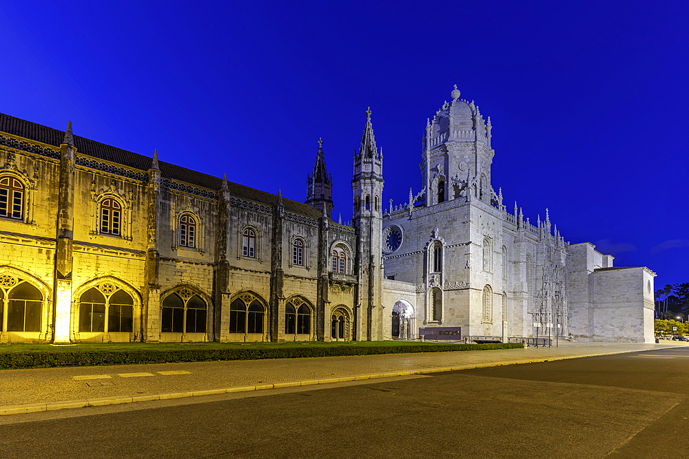 View of Jerónimos Monastery (Monastery of the Hieronymites) at dusk, Lisbon, Portugal, Europe